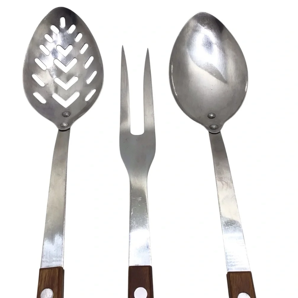 Vintage Japan Stainless Steel 3 Pc Serving Set Wood Handle Spoon Fork Utensils